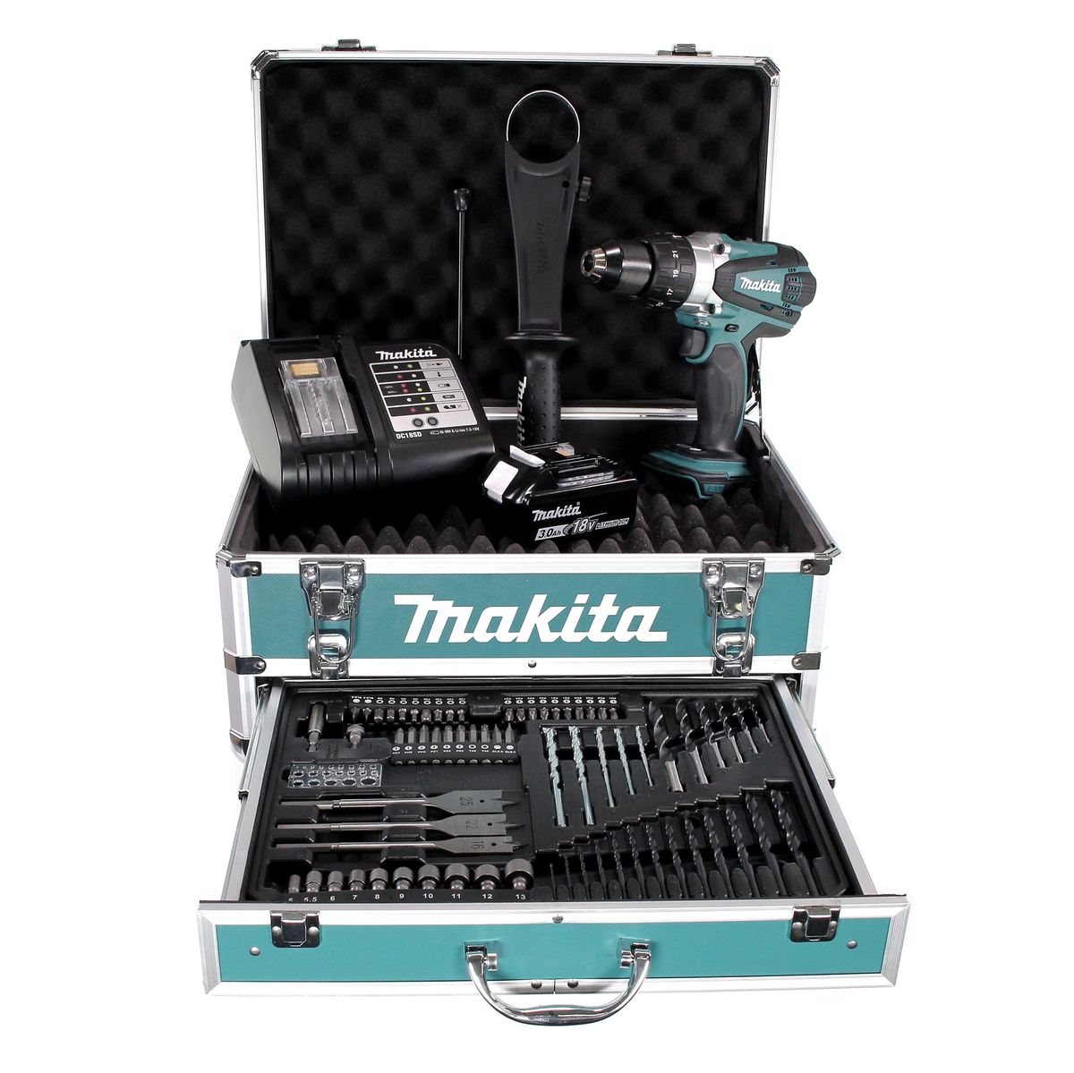 Makita DHP 458 SFX4 Akku Schlagbohrschrauber 18 V 91Nm + 1x Akku 3,0Ah + Ladegerät + 70tlg. Bit Bohrer Set + Koffer