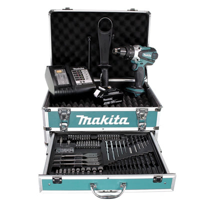 Perceuse à percussion sans fil Makita DHP 458 SFX4 18 V 91 Nm + 1x batterie 3,0 Ah + chargeur + 70 pièces. Coffret forets + coffret