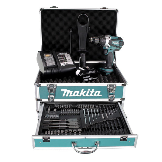 Perceuse à percussion sans fil Makita DHP 458 SMX4 18 V 91 Nm + 1x batterie 4,0 Ah + chargeur + 70 pièces. Coffret forets + coffret