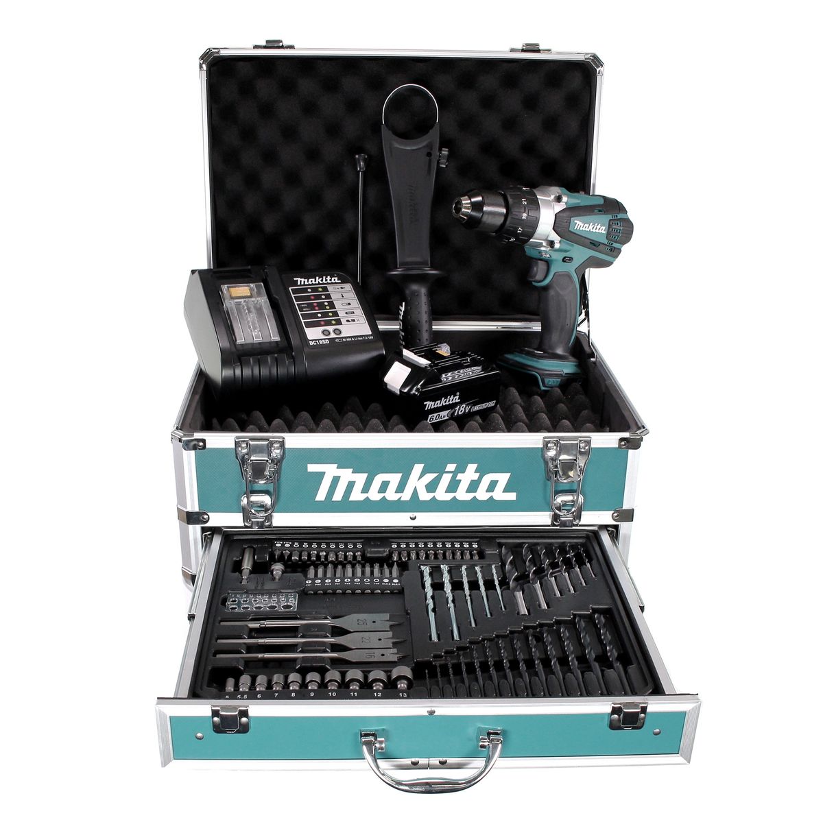 Perceuse à percussion sans fil Makita DHP 458 SGX4 18 V 91 Nm + 1x batterie 6,0 Ah + chargeur + 70 pièces. Coffret forets + coffret