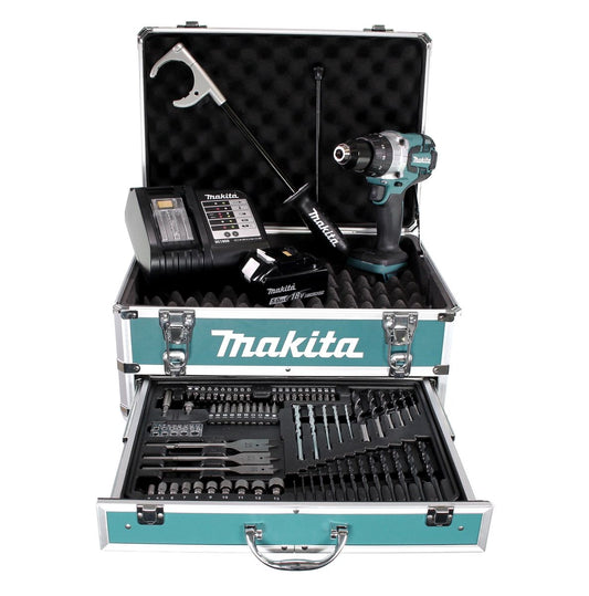 Makita DHP 481 STX4 Akku Schlagbohrschrauber 18 V 115Nm + 1x Akku 5,0Ah + Ladegerät + 70tlg. Bit Bohrer Set + Koffer