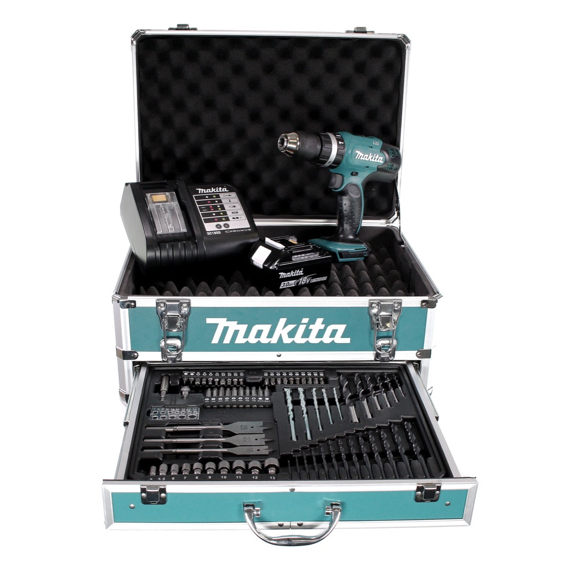 Perceuse à percussion sans fil Makita DHP 453 SFX4 18 V 42Nm + 1x batterie 3,0Ah + chargeur + 70 pièces. Coffret forets + coffret