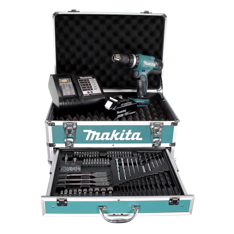 Perceuse à percussion sans fil Makita DHP 453 SMX4 18 V 42 Nm + 1x batterie 4,0 Ah + chargeur + 70 pièces. Coffret forets + coffret