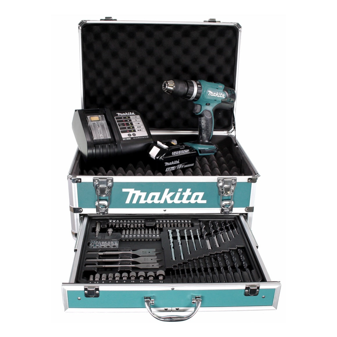 Makita DHP 453 STX4 Akku Schlagbohrschrauber 18 V 42Nm + 1x Akku 5,0Ah + Ladegerät + 70tlg. Bit Bohrer Set + Koffer