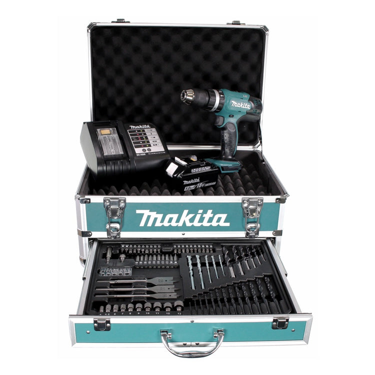 Perceuse à percussion sans fil Makita DHP 453 STX4 18 V 42 Nm + 1x batterie 5,0 Ah + chargeur + 70 pièces. Coffret forets + coffret