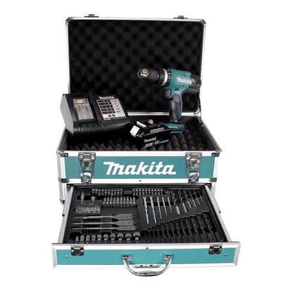 Perceuse à percussion sans fil Makita DHP 453 SGX4 18 V 42 Nm + 1x batterie 6,0 Ah + chargeur + 70 pièces. Coffret forets + coffret