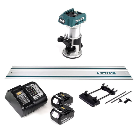 Makita DRT 50 SF Akku Multifunktionsfräse 18V Brushless + 2x Akku 3,0Ah + Ladegerät + Führungsschienen Adapter + Führungsschiene 1000mm