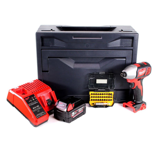 Milwaukee M18 BID-501M Akku Schlagschrauber 18V 180Nm 1/4“ + 1x Akku 5,0Ah + Ladegerät + 32tlg. Bit Set + M-Box