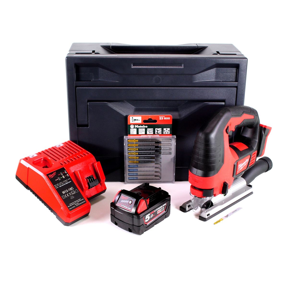 Milwaukee M18 BJS-501M Akku Stichsäge 18V + 1x Akku 5,0Ah + Ladegerät + 11x Stichsägeblatt + M-Box