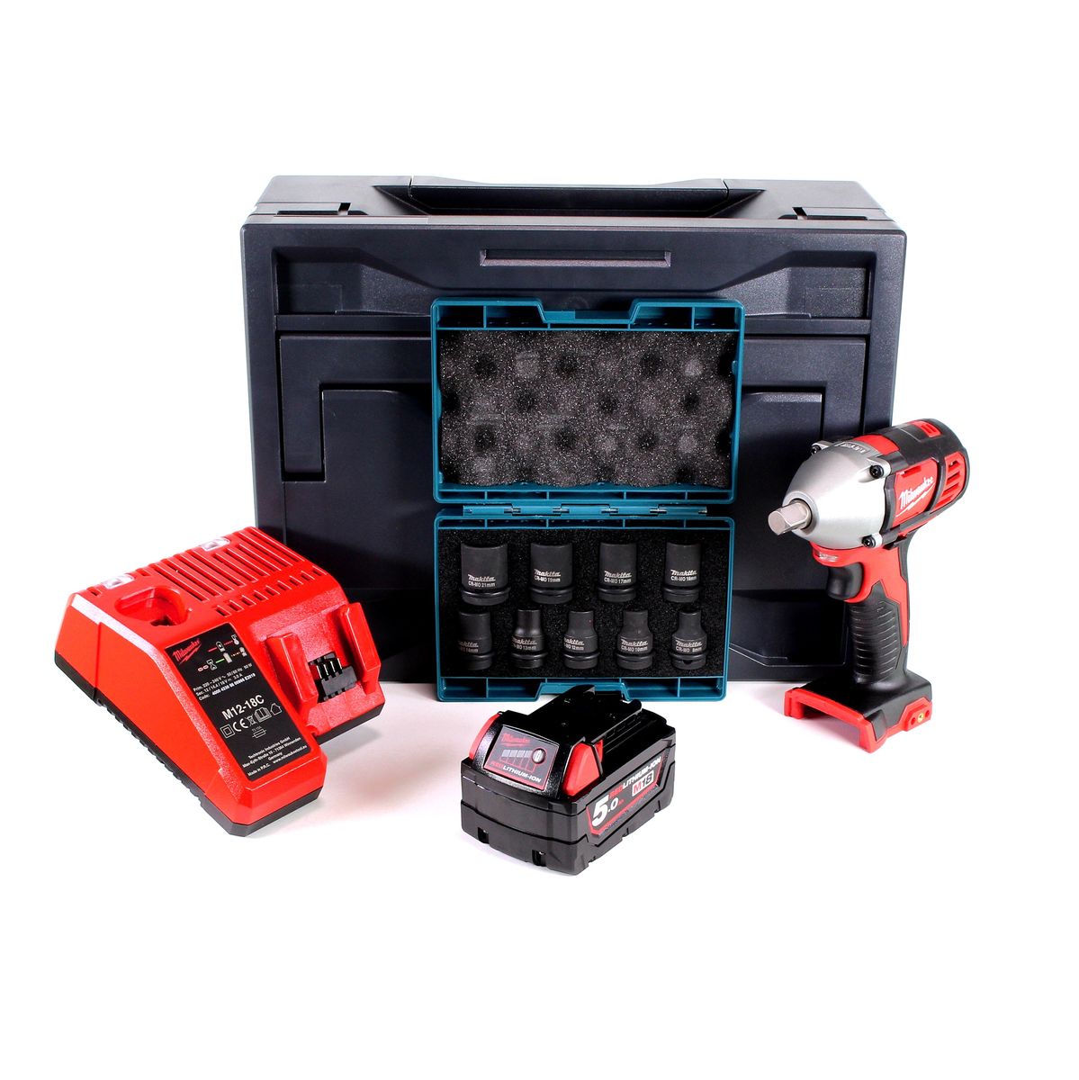 Milwaukee M18 BIW12-501M Akku Schlagschrauber 18V 240 Nm 1/2" + 1x Akku 5,0Ah + Ladegerät + 9tlg. Stecknuss Set + M-Box