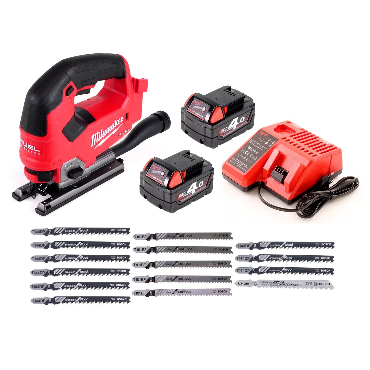 Scie sauteuse Milwaukee M18 FJS-402 C 18V brushless + 2x batteries 4,0Ah + chargeur + 16x lame de scie sauteuse