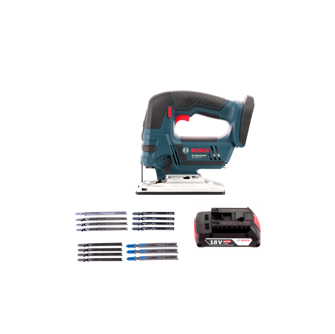 Bosch GST 18 V-LI S Akku Stichsäge 18V + Stichsägeblatt Set 15tlg. + 1 x Akku 2,0Ah + L-Boxx - ohne Ladegerät