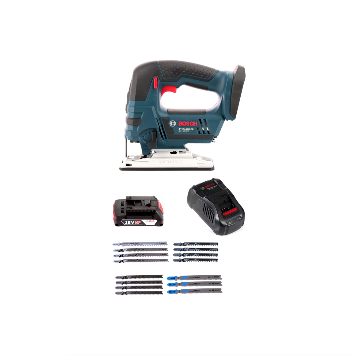 Bosch GST 18 V-LI S Akku Stichsäge 18V + Stichsägeblatt Set 15tlg. + 1 x Akku 2,0Ah + L-Boxx + Ladegerät