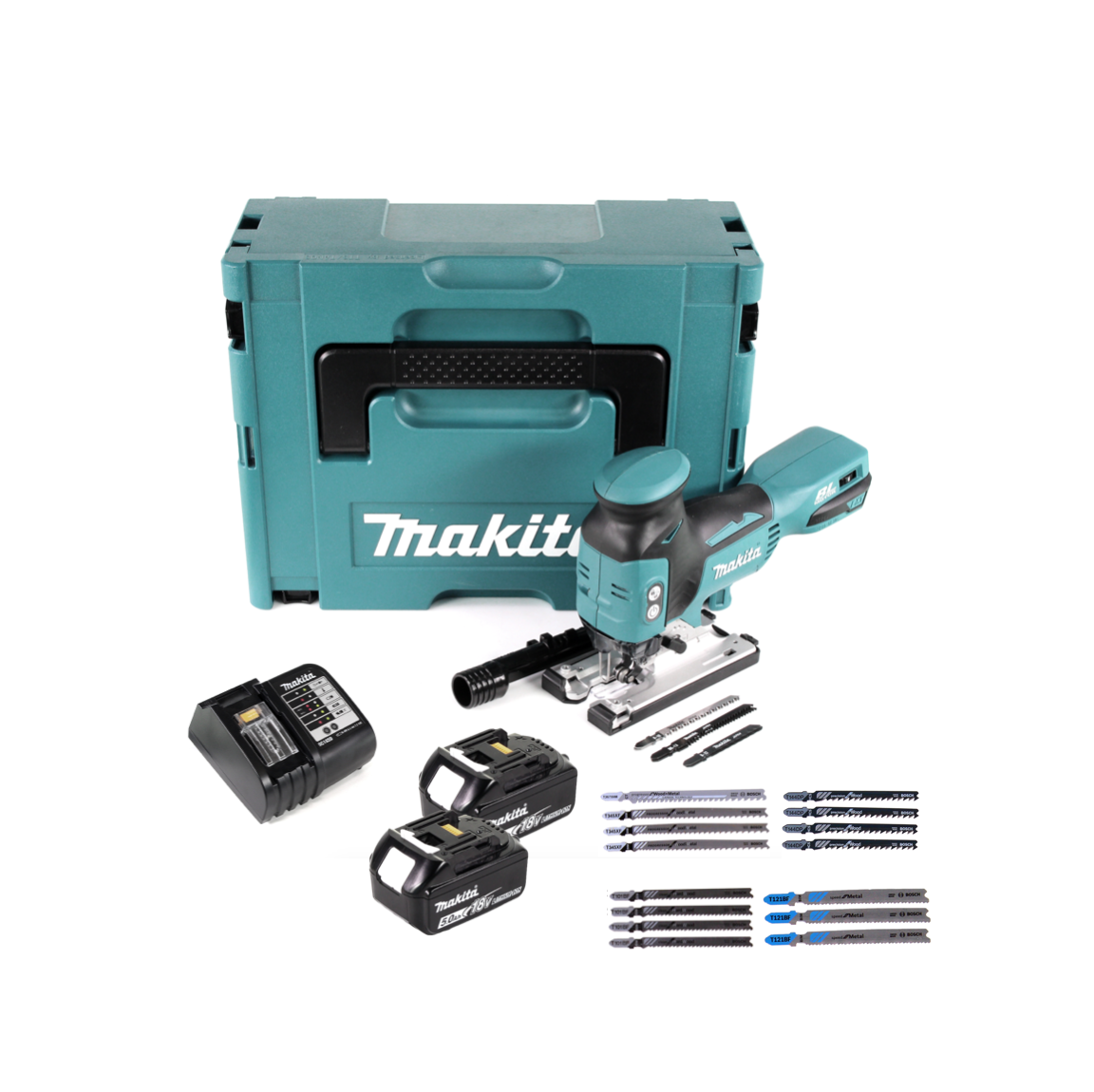 Makita DJV 181 STJ scie sauteuse pendulaire à batterie 18V brushless + 2x batterie 5,0Ah + Bosch 15 pièces. Jeu de lames de scie sauteuse + Makpac + chargeur