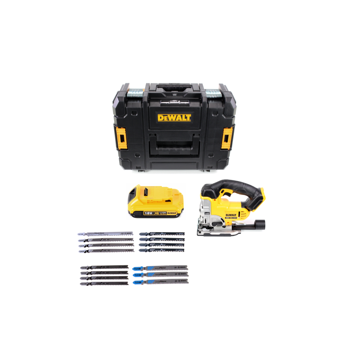 DeWalt DCS 331 N Akku Stichsäge + 1x Akku 2Ah + Bosch-Stichsägeblatt Set + TSTAK - ohne Ladegerät