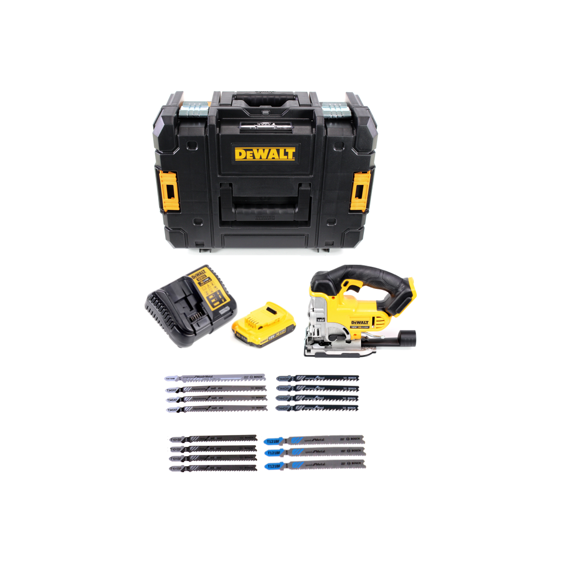 DeWalt DCS 331 N Akku Stichsäge + 1x Akku 2 Ah + Ladegerät + Bosch-Stichsägeblatt Set + TSTAK