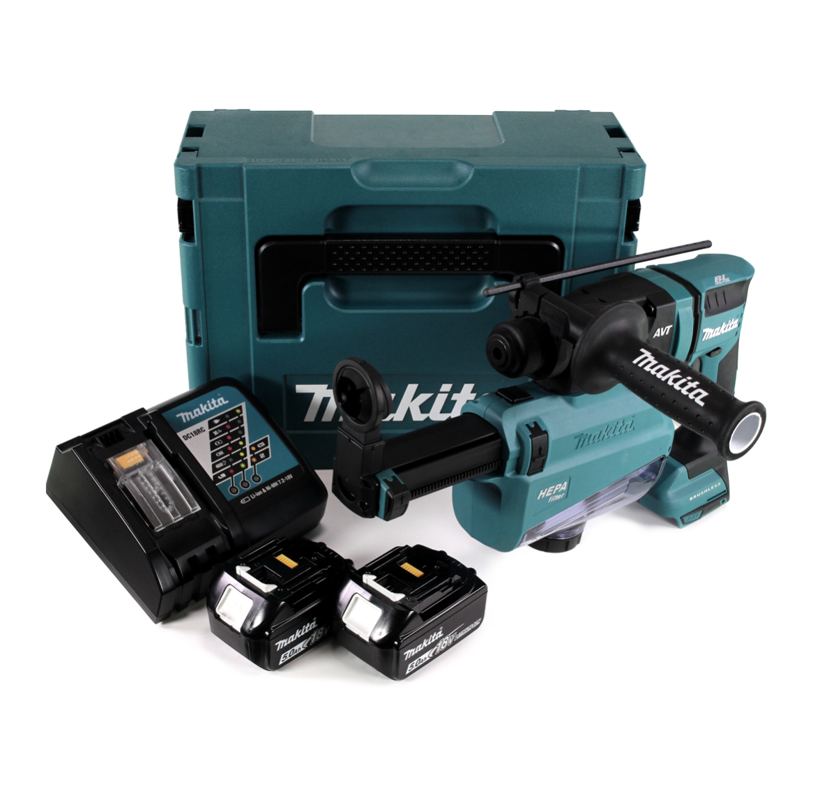 Makita DHR 182 RWTJ Akku Bohrhammer 18V 1,7J SDS-plus Brushless + 2x Akku 5,0Ah + Ladegerät + Staubabsaugung + Makpac