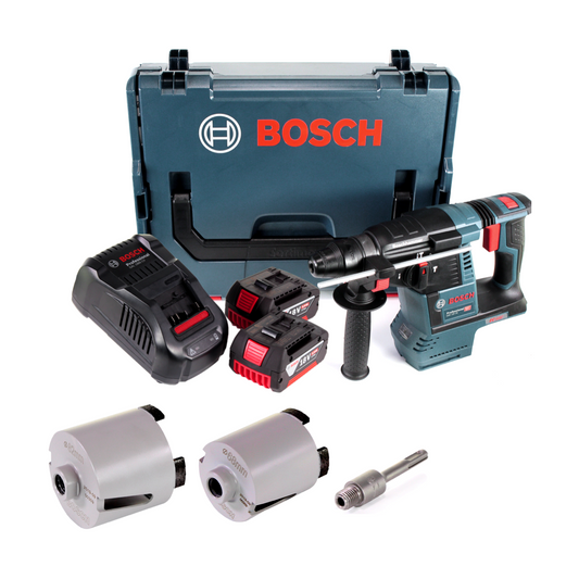 Bosch GBH 18V-26 Akku Bohrhammer 18V 2,6J SDS plus Brushless + 2x Akku 5,0Ah + Ladegerät + Zubehör Steckdosenkronen + L-Boxx