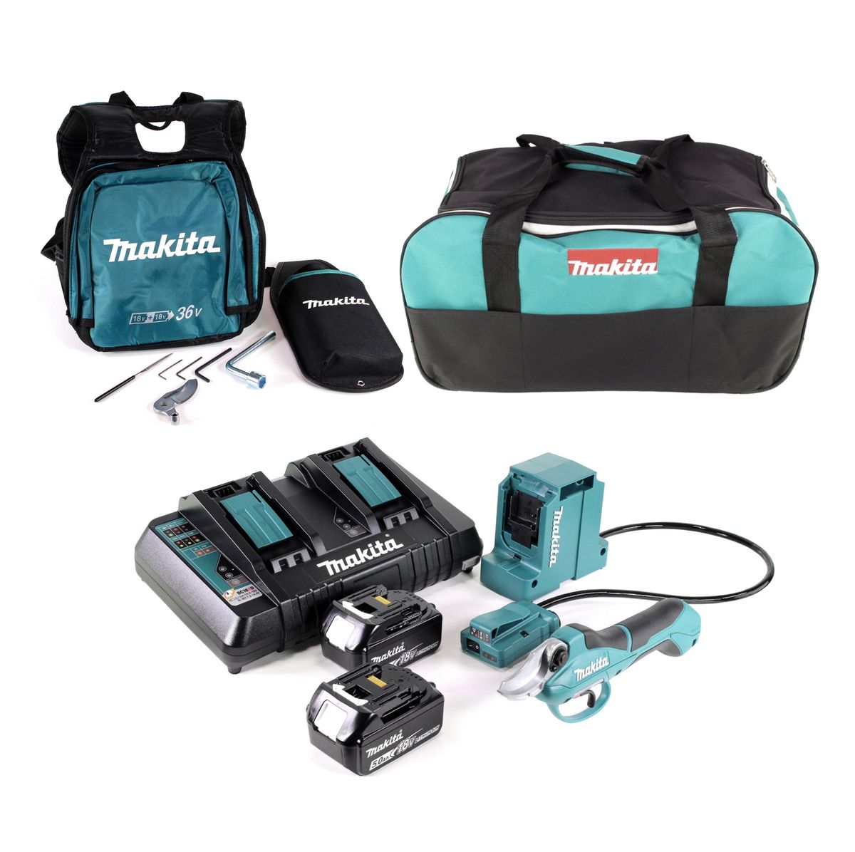 Makita DUP 361 PT2 Akku Rebschere Astschere 36 V ( 2x 18 V ) + 2x Akku 5,0 Ah + Doppelladegerät + Tasche