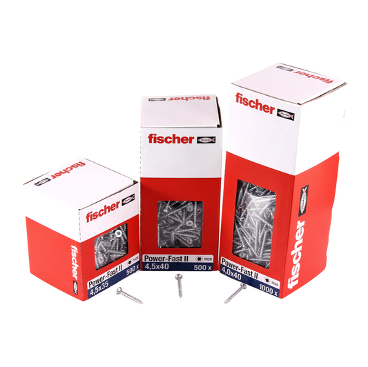 Vis pour panneaux d'aggloméré Fischer Power-Fast II FPF II 4,0x50 mm 500 pièces (670163) tête fraisée avec filetage complet Torx, galvanisées, passivée bleue