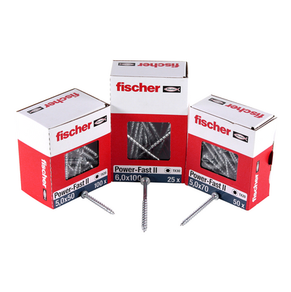 Fischer Vis pour panneaux de particules  Power-Fast II FPF II 5.0x90 mm - 200 pièces (670385) tête fraisée + Filetage partiel Torx, galvanisée, passivée bleue