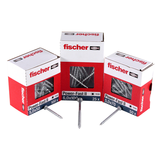 Fischer Power-Fast II FPF II Vis à bois aggloméré 6,0x100 mm, 25 pcs., tête fraisée, empreinte Torx, filetage total, zingué et passivé bleu  ( 670458 )