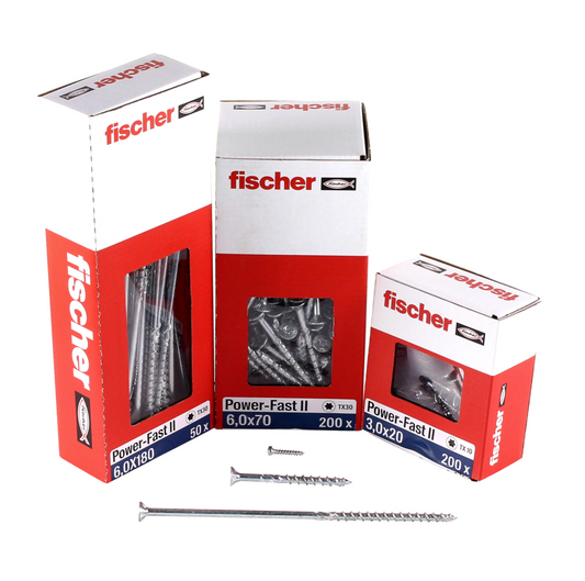 Fischer Power-Fast II FPF II Vis à bois aggloméré 6,0x220 mm, 50 pcs., tête fraisée , empreinte Torx, filetage partiel, zingué et passivé bleu ( 670467 )