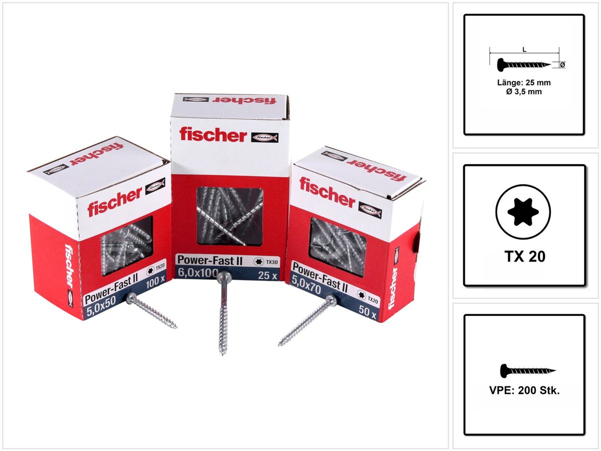 Fischer Power-Fast II FPF II Vis à bois aggloméré 3,5x25mm,Tête ronde, Torx, Filetage total, Zingué blanc, Passivé bleu, 200pcs. (670101)