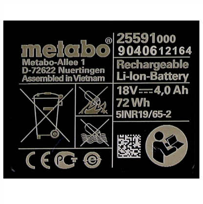 Metabo Set de batterie : 2x Batteries Li-Power 4,0 Ah 18 V CAS Li-Ion - indicateur de capacité de charge (2x 625591000)