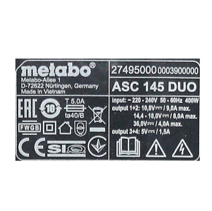 Metabo Basis Set 2x Li-Power Akkupack 18 V 4,0 Ah CAS Li-Ion Akku ( 2x 625591000 ) + Doppelladegerät ASC 145 DUO ( 627495000 )