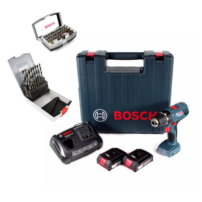 Bosch GSR 18V-21 Akku Bohrschrauber 18V 55Nm ( 06019H1070 ) + 2x Akku 2,0Ah + Ladegerät + 19tlg. Bohrer Set + 32 tlg. Bit Set + Koffer