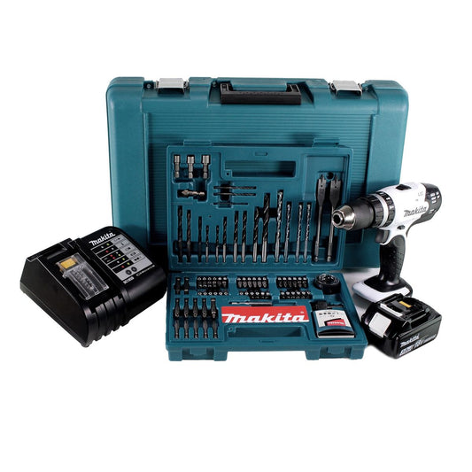 Makita DHP 453 SFTK W Akku Schlagbohrschrauber 18 V 42Nm + 1x Akku 3,0Ah + Ladegerät + 100 tlg. Bit Bohrer Set + Koffer