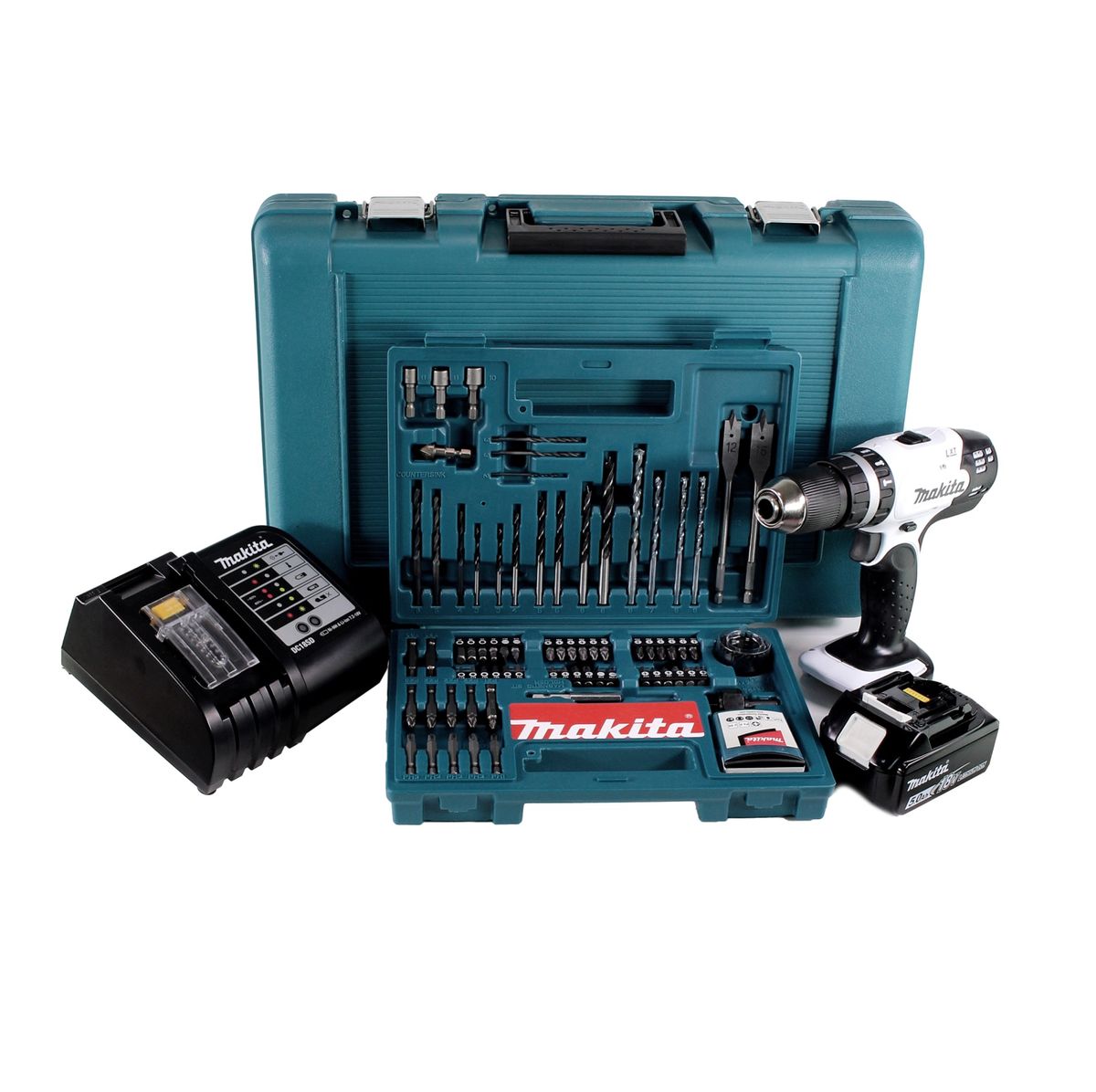 Makita DHP 453 STTK W Akku Schlagbohrschrauber 18 V 42Nm + 1x Akku 5,0Ah + Ladegerät + 100 tlg. Bit Bohrer Set + Koffer