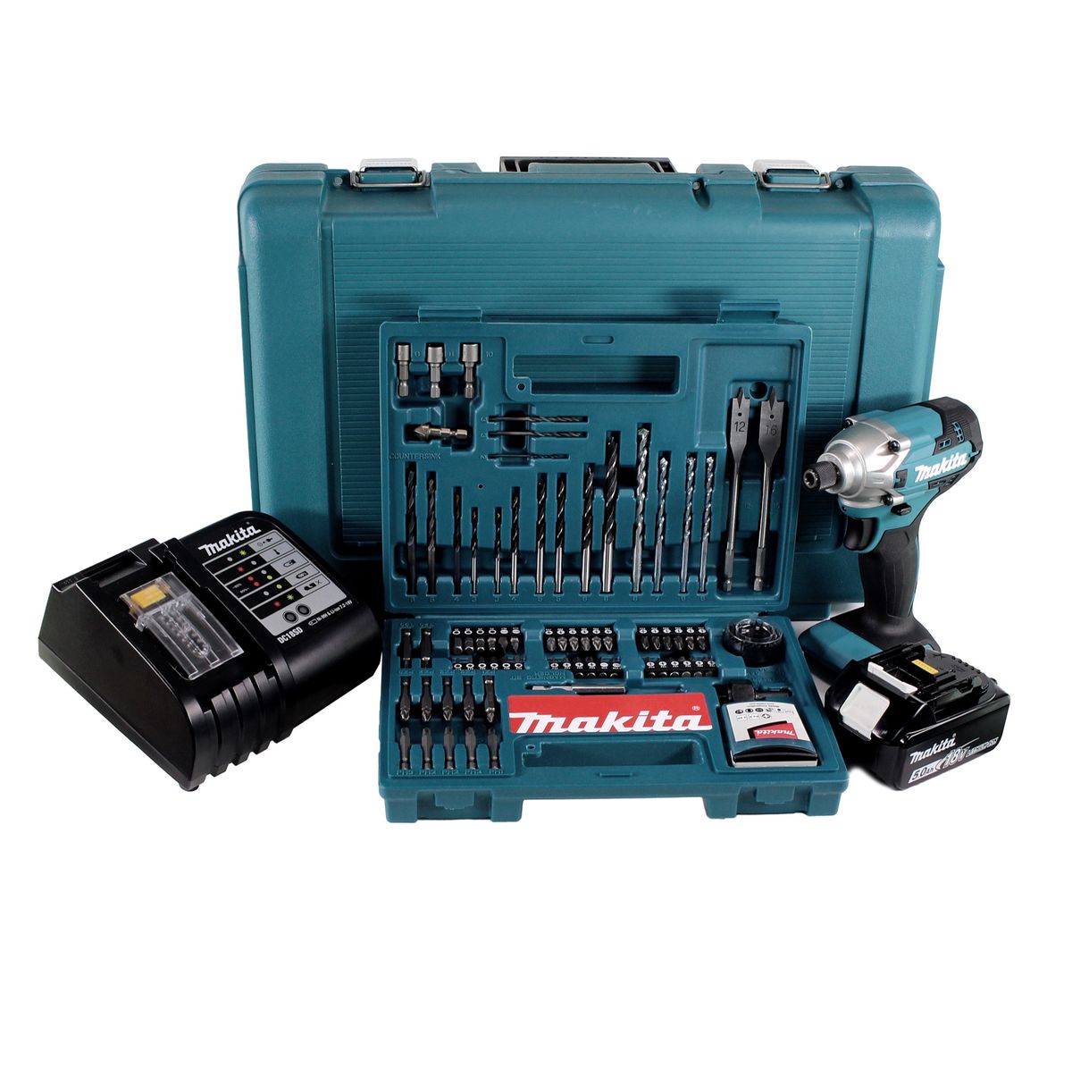 Makita DTD 156 STK Akku Schlagschrauber 18V 155Nm 1/4" + 1x Akku 5,0Ah + Ladegerät + 100 tlg. Bit Bohrer Set + Koffer - Toolbrothers