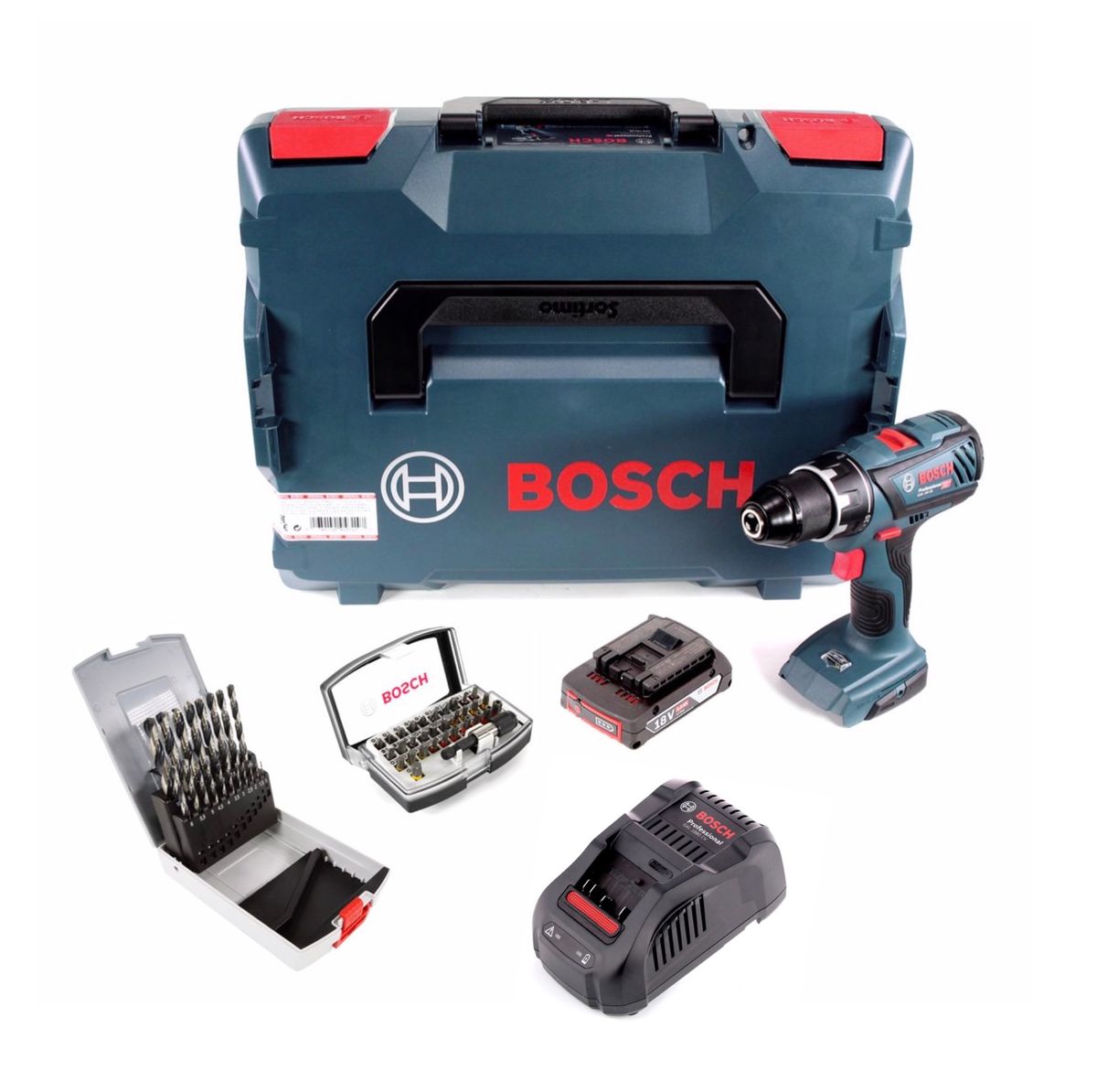 Bosch GSR 18V-28 Akku Bohrschrauber 18V 63Nm + 1x Akku 2,0Ah + Ladegerät + 19tlg. Bohrer Set + 32 tlg. Bit Set + L-Boxx