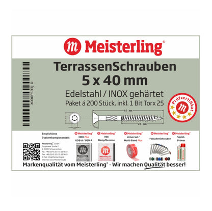 Meisterling Vis de terrasse 5x40 mm - 200 pièces (010010000001) CUT point 90 ° tête fraisée à tête fraisée avec Torx 2/3 gros filetage VA acier inoxydable