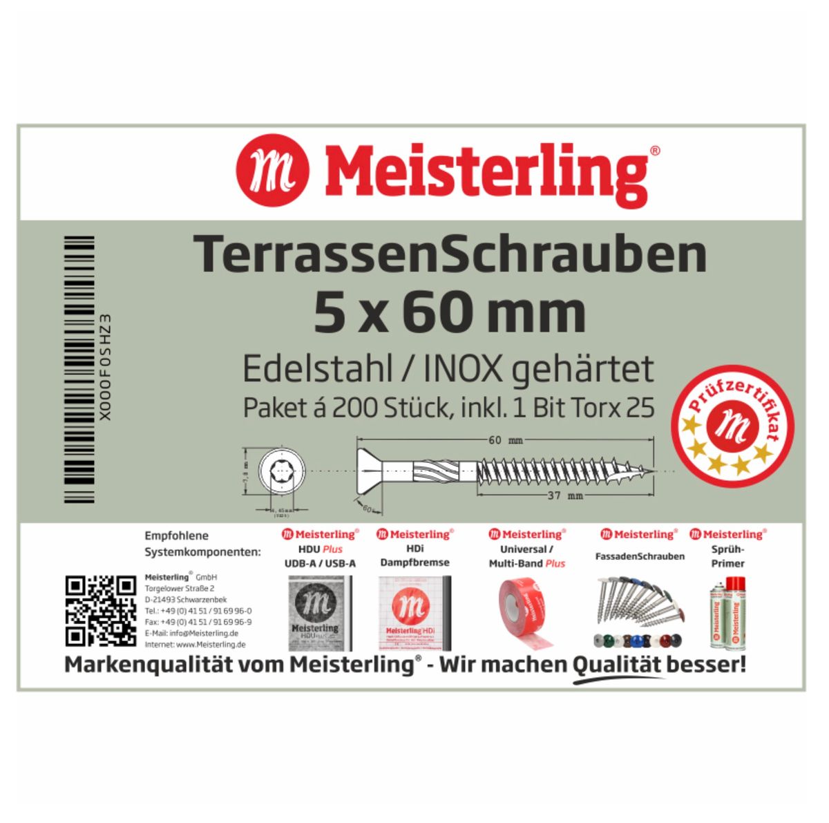 Meisterling Vis de terrasse 5x60 mm - 200 pièces (010010000021) CUT point 90 ° tête fraisée à tête fraisée avec Torx 2/3 gros filetage VA acier inoxydable