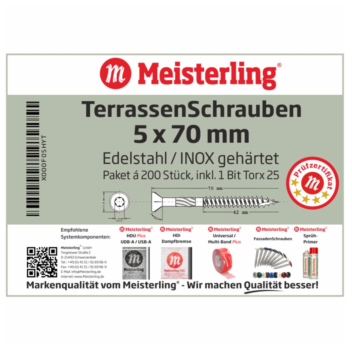 Meisterling Terrassenschrauben 5x70 mm 200 Stück ( 010010000031 ) CUT Spitze 90° Linsen Senkkopf mit Torx 2/3 Grobgewinde VA Edelstahl