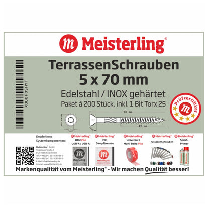 Meisterling Terrassenschrauben 5x70 mm 200 Stück ( 010010000031 ) CUT Spitze 90° Linsen Senkkopf mit Torx 2/3 Grobgewinde VA Edelstahl