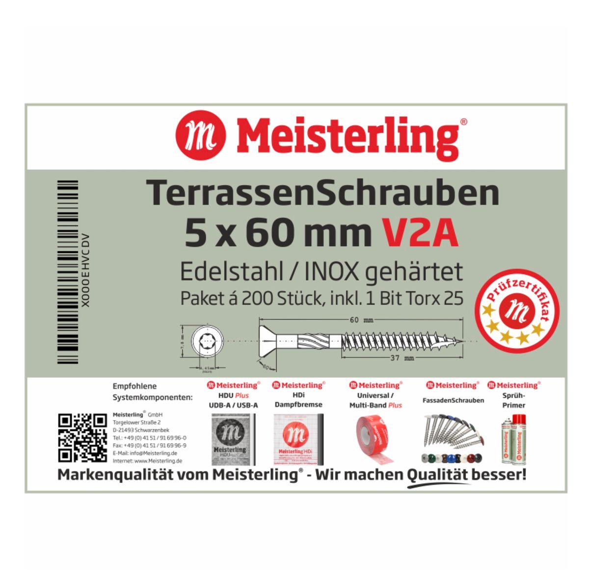 Meisterling Terrassenschrauben 5x60 mm 200 Stück ( 010010000211 ) CUT Spitze 90° Linsen Senkkopf mit Torx 2/3 Grobgewinde V2A Edelstahl