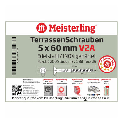 Meisterling Terrassenschrauben 5x60 mm 200 Stück ( 010010000211 ) CUT Spitze 90° Linsen Senkkopf mit Torx 2/3 Grobgewinde V2A Edelstahl