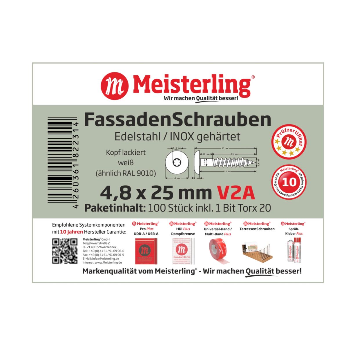 Meisterling Fassadenschrauben 4,8x25 mm 100 Stück ( 010020000001 ) 12 mm Flachkopf weiß mit Torx Teilgewinde V2A Edelstahl