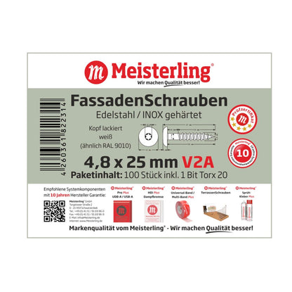 Meisterling Fassadenschrauben 4,8x25 mm 100 Stück ( 010020000001 ) 12 mm Flachkopf weiß mit Torx Teilgewinde V2A Edelstahl