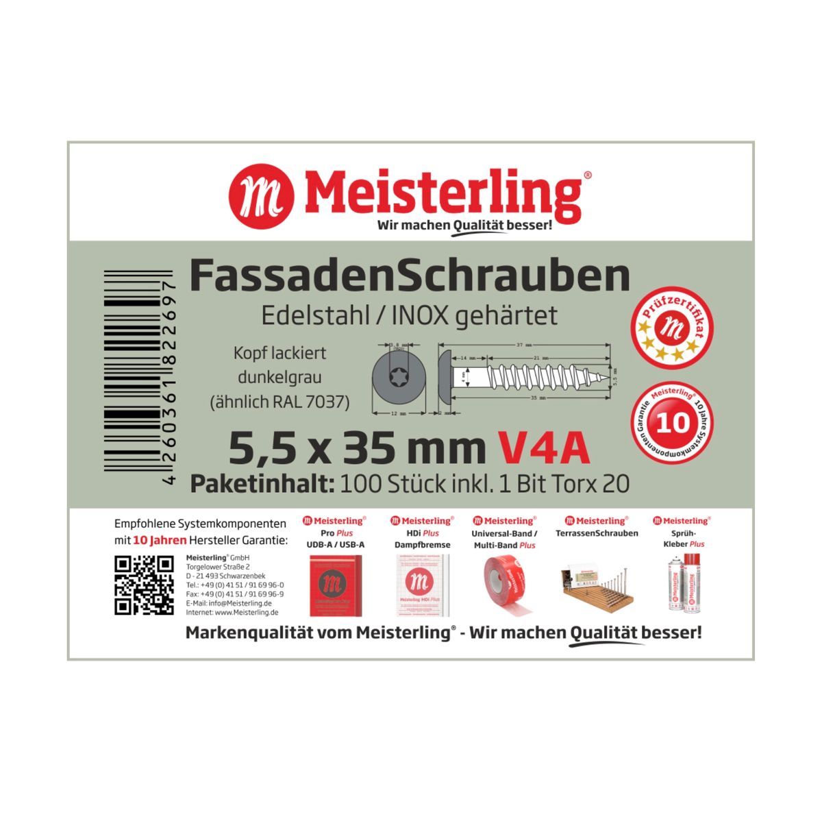 Meisterling Vis de façade 5,5x35 mm, 100 pcs., tête plate 12 mm, filetage partiel, empreinte Torx, acier inoxydable V4A, gris foncé (010030000115)