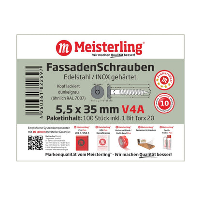 Meisterling Fassadenschrauben 5,5x35 mm 100 Stück ( 010030000115 ) 12 mm Flachkopf dunkelgrau mit Torx Teilgewinde V4A Edelstahl