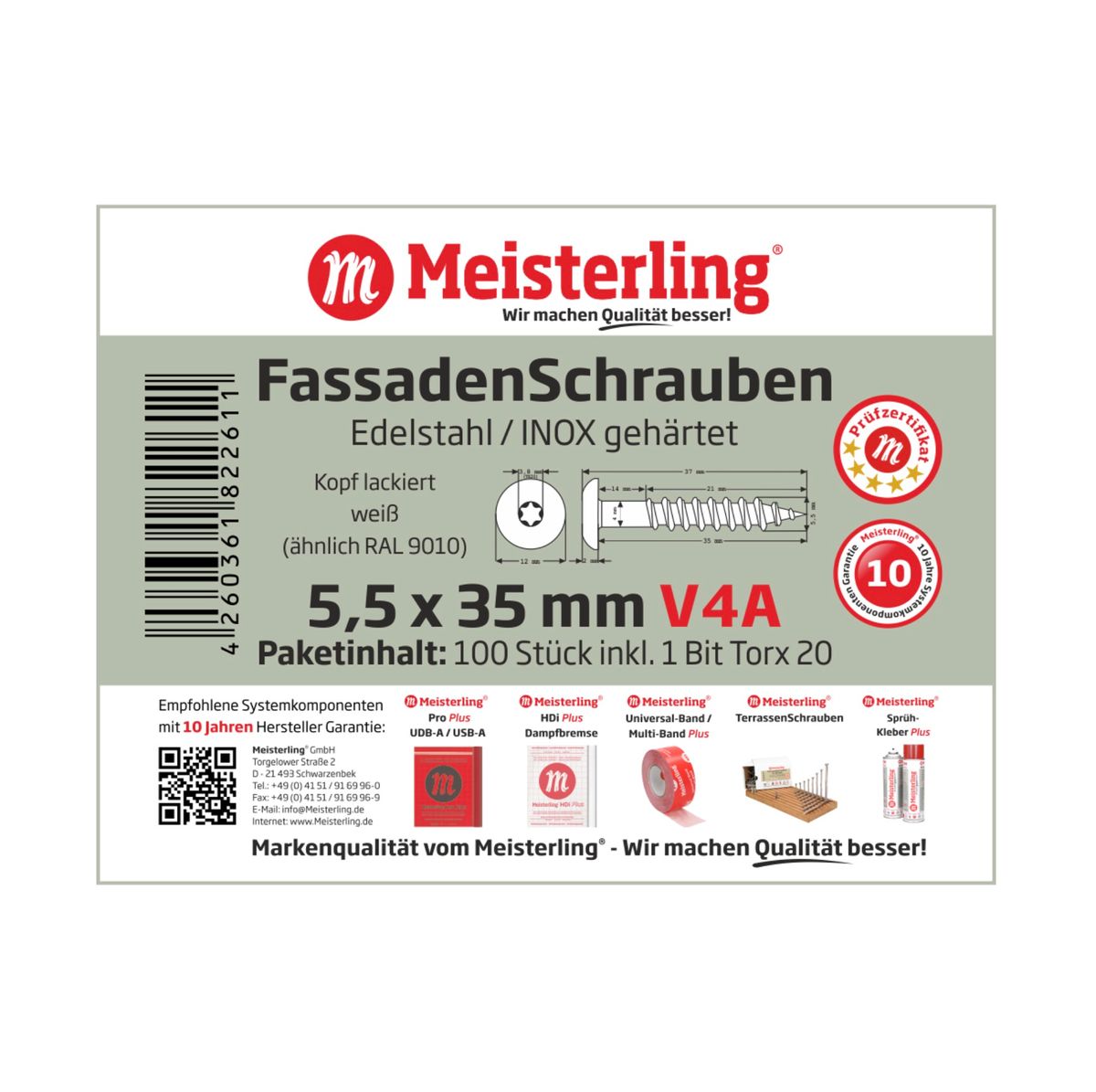 Meisterling Fassadenschrauben 5,5x35 mm 100 Stück ( 010030000101 ) 12 mm Flachkopf weiß mit Torx Teilgewinde V4A Edelstahl