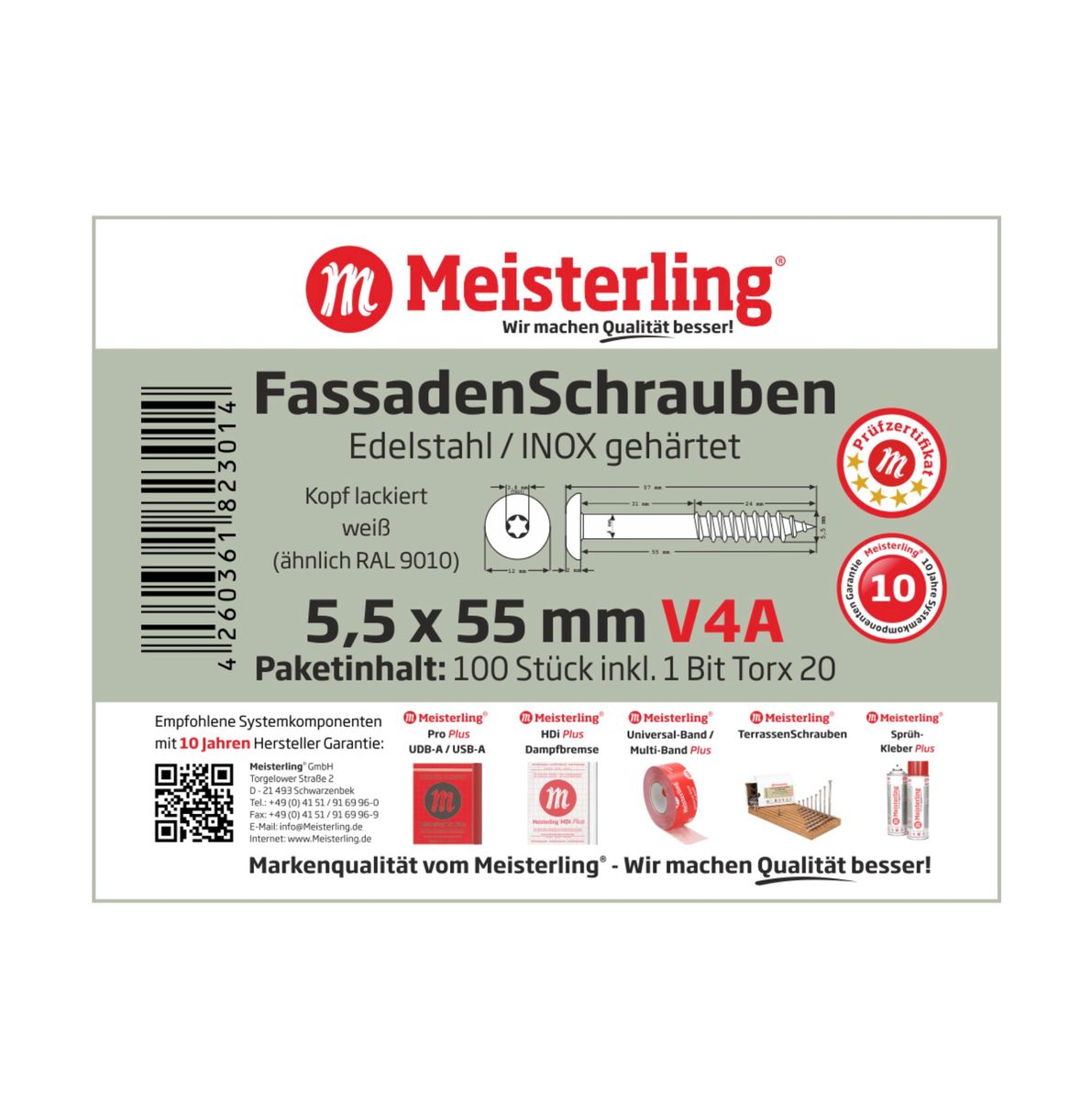 Meisterling Fassadenschrauben 5,5x55 mm 100 Stück ( 010030000411 ) 12 mm Flachkopf weiß mit Torx Teilgewinde V4A Edelstahl