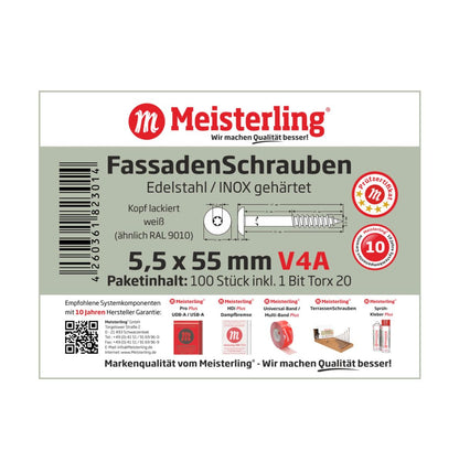 Meisterling Vis de façade 5,5x55 mm, 100 pcs., tête plate 12 mm, filetage partiel, empreinte Torx, acier inoxydable V4A, blanc (010030000411)