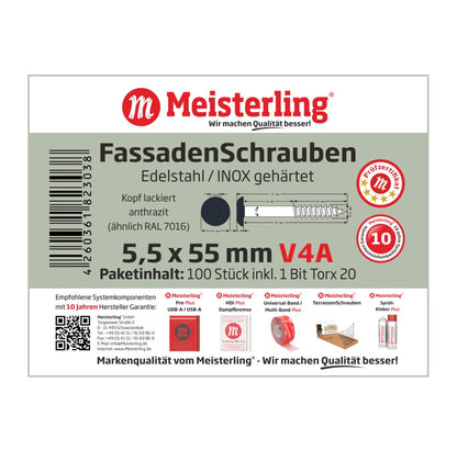 Meisterling Fassadenschrauben 5,5x55 mm 100 Stück ( 010030000421 ) 12 mm Flachkopf anthrazit mit Torx Teilgewinde V4A Edelstahl