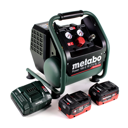 Compresseur à batterie Metabo Power 160-5 18 LTX BL OF 18 V 8,0 bar sans balais + 2 batteries LiHD 5,5 Ah + chargeur